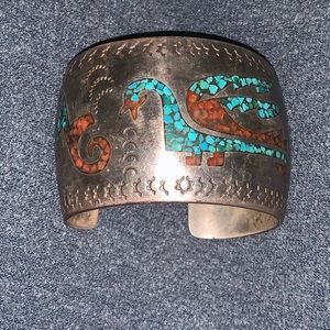 Navajo Bracelet Chip Inlay Avanyu Kowolisi Paluluk